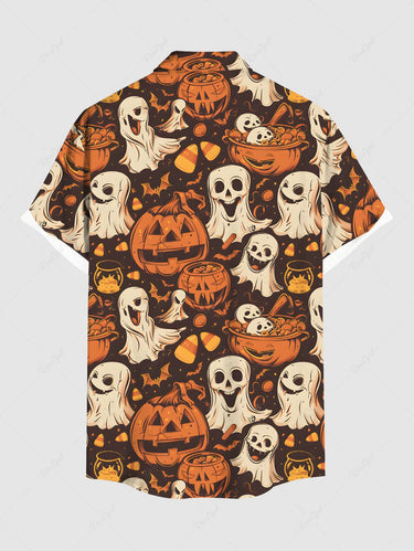 Gothic Plus Size Pumpkin Ghost Bat Print Halloween Button Pocket Shirt For Men