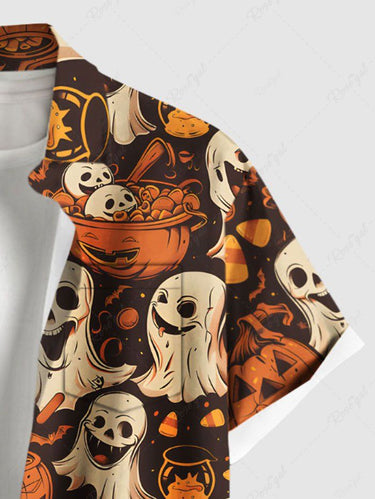 Gothic Plus Size Pumpkin Ghost Bat Print Halloween Button Pocket Shirt For Men