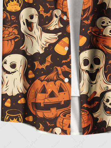 Gothic Plus Size Pumpkin Ghost Bat Print Halloween Button Pocket Shirt For Men