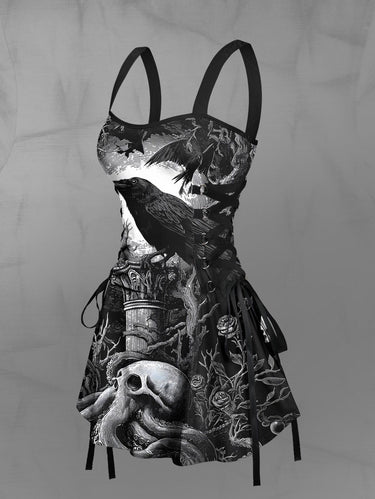 Gothic Skull Octopus Tree Crow Print Lace Up A Line Tank Dress