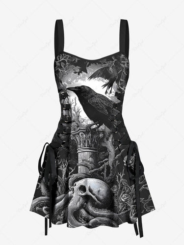 Gothic Skull Octopus Tree Crow Print Lace Up A Line Tank Dress