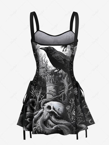 Gothic Skull Octopus Tree Crow Print Lace Up A Line Tank Dress