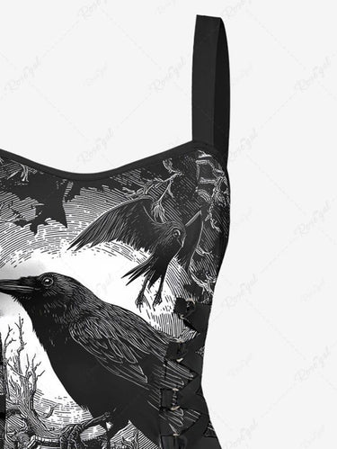 Gothic Skull Octopus Tree Crow Print Lace Up A Line Tank Dress