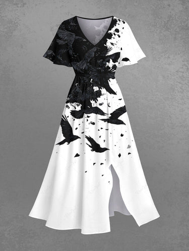 Gothic Plus Size Ink Painting Bird Two Tone Print Split Pocket A Line Midi Dress