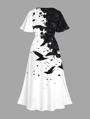 Gothic Plus Size Ink Painting Bird Two Tone Print Split Pocket A Line Midi Dress