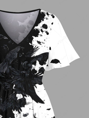 Gothic Plus Size Ink Painting Bird Two Tone Print Split Pocket A Line Midi Dress