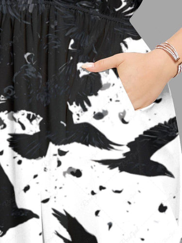 Gothic Plus Size Ink Painting Bird Two Tone Print Split Pocket A Line Midi Dress