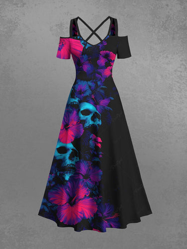 Gothic Plus Size Skull Hibiscus Flower Print Hawaii Cold Shoulder Crisscross A Line Maxi Dress