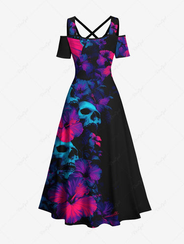 Gothic Plus Size Skull Hibiscus Flower Print Hawaii Cold Shoulder Crisscross A Line Maxi Dress