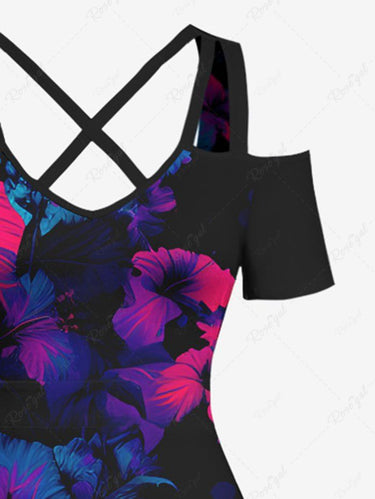 Gothic Plus Size Skull Hibiscus Flower Print Hawaii Cold Shoulder Crisscross A Line Maxi Dress