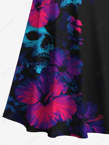 Gothic Plus Size Skull Hibiscus Flower Print Hawaii Cold Shoulder Crisscross A Line Maxi Dress