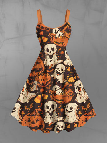 Gothic Plus Size Pumpkin Ghost Bat Print Halloween A Line Dress