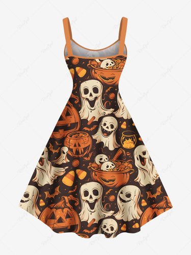 Gothic Plus Size Pumpkin Ghost Bat Print Halloween A Line Dress