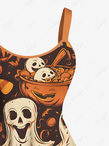 Gothic Plus Size Pumpkin Ghost Bat Print Halloween A Line Dress