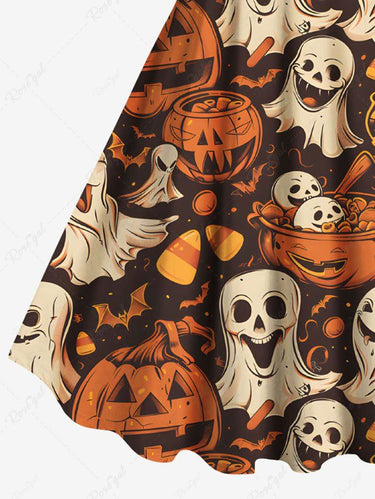 Gothic Plus Size Pumpkin Ghost Bat Print Halloween A Line Dress