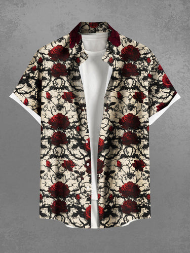 Gothic Plus Size Rose Flowers Leaf Branch Print Buttons Pocket Shirt For Men
