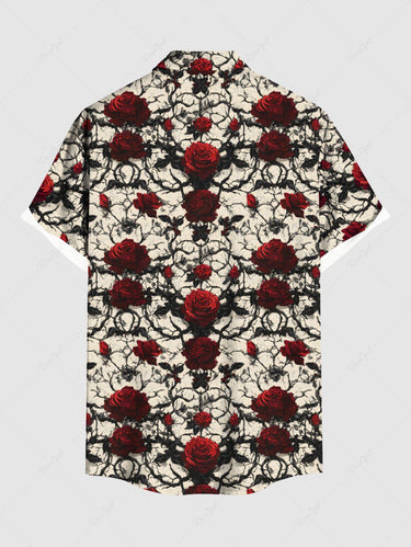 Gothic Plus Size Rose Flowers Leaf Branch Print Buttons Pocket Shirt For Men
