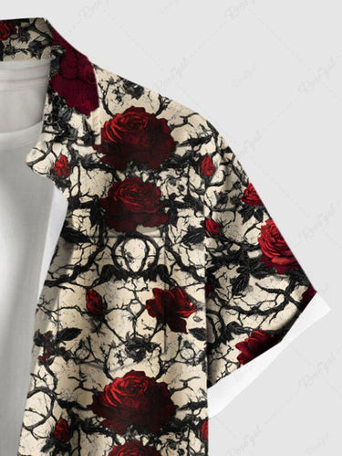 Gothic Plus Size Rose Flowers Leaf Branch Print Buttons Pocket Shirt For Men