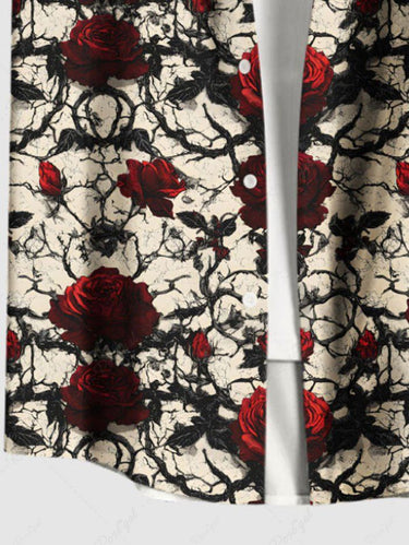 Gothic Plus Size Rose Flowers Leaf Branch Print Buttons Pocket Shirt For Men
