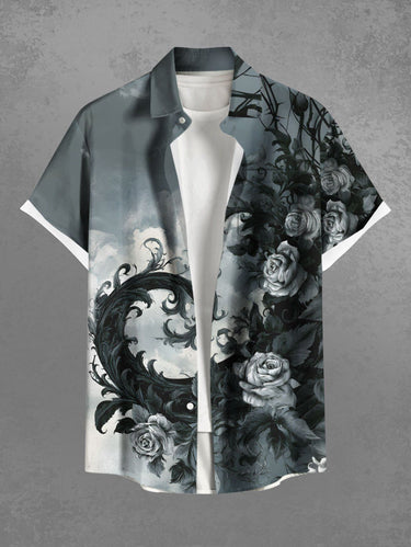 Gothic Plus Size Rose Flowers Leaf Cloud Ombre Print Buttons Pocket Shirt For Men