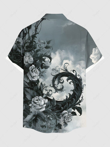 Gothic Plus Size Rose Flowers Leaf Cloud Ombre Print Buttons Pocket Shirt For Men