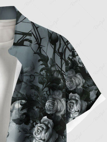 Gothic Plus Size Rose Flowers Leaf Cloud Ombre Print Buttons Pocket Shirt For Men