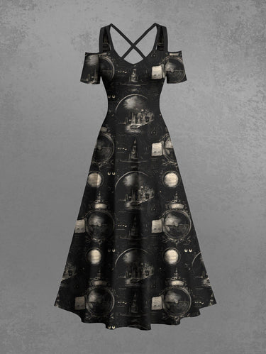 Gothic Plus Size Alchemy Astronomy Pattern Print Cold Shoulder Crisscross Maxi Dress