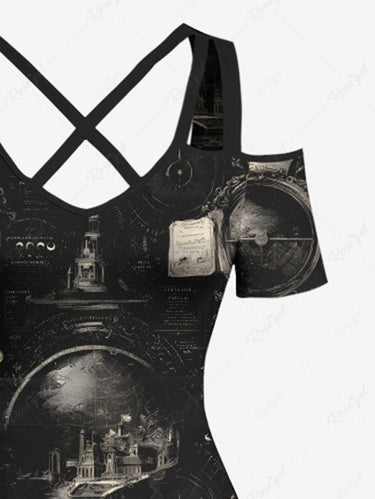 Gothic Plus Size Alchemy Astronomy Pattern Print Cold Shoulder Crisscross Maxi Dress