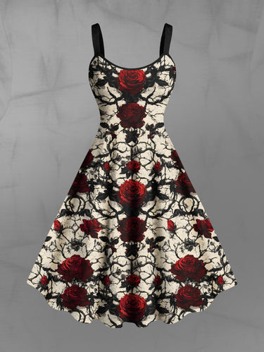 Gothic Plus Size Rose Flowers Leaf Branch Print Tank Dress