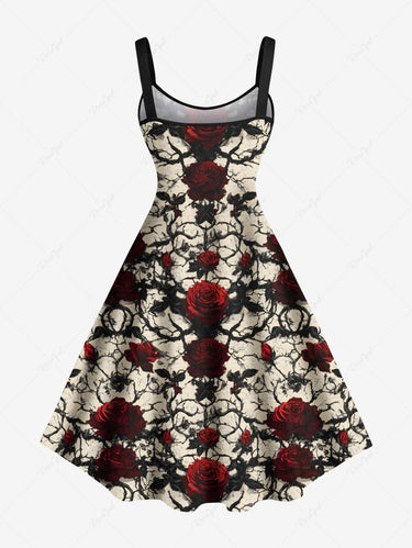 Gothic Plus Size Rose Flowers Leaf Branch Print Tank Dress