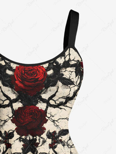 Gothic Plus Size Rose Flowers Leaf Branch Print Tank Dress
