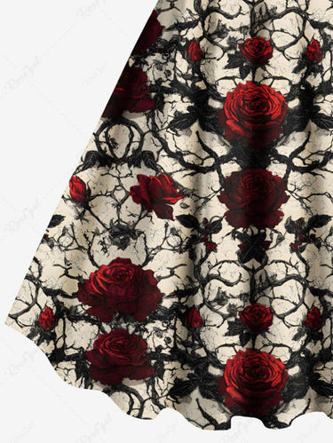 Gothic Plus Size Rose Flowers Leaf Branch Print Tank Dress