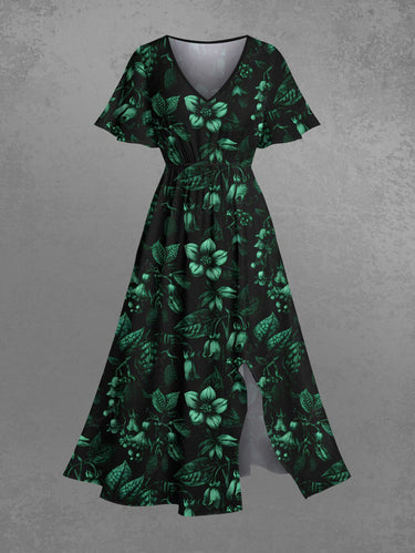 Gothic Plus Size Flowers Leaf Print Split Midi Dress