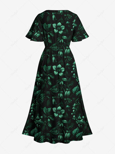 Gothic Plus Size Flowers Leaf Print Split Midi Dress
