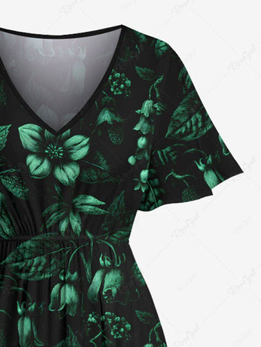 Gothic Plus Size Flowers Leaf Print Split Midi Dress