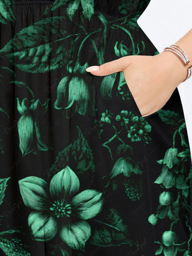 Gothic Plus Size Flowers Leaf Print Split Midi Dress