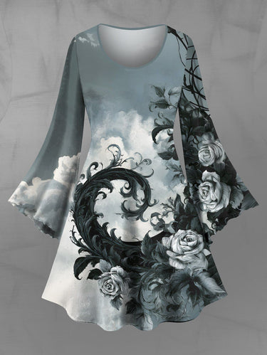 Gothic Plus Size Rose Flowers Leaf Cloud Ombre Print Flare Sleeves Dress