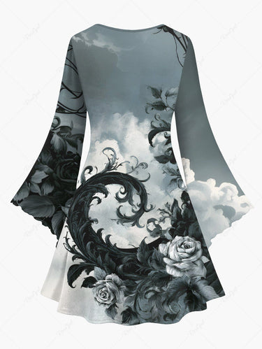 Gothic Plus Size Rose Flowers Leaf Cloud Ombre Print Flare Sleeves Dress