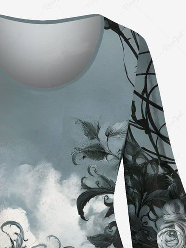 Gothic Plus Size Rose Flowers Leaf Cloud Ombre Print Flare Sleeves Dress