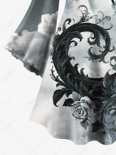 Gothic Plus Size Rose Flowers Leaf Cloud Ombre Print Flare Sleeves Dress