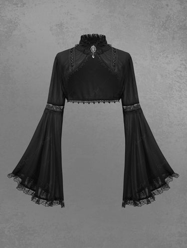 Gothic Floral Lace Trim Braided Flare Sleeves Stand Collar Shrug Top