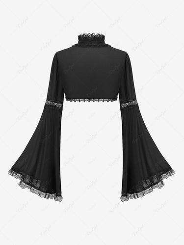 Gothic Floral Lace Trim Braided Flare Sleeves Stand Collar Shrug Top