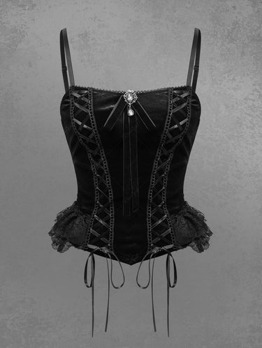 Gothic Floral Lace Trim Ruffles Lace-up Cami Top