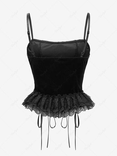 Gothic Floral Lace Trim Ruffles Lace-up Cami Top