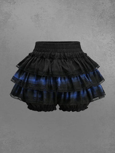 Gothic Plaid Printed Ruffles Lace Trim Layered Skirt