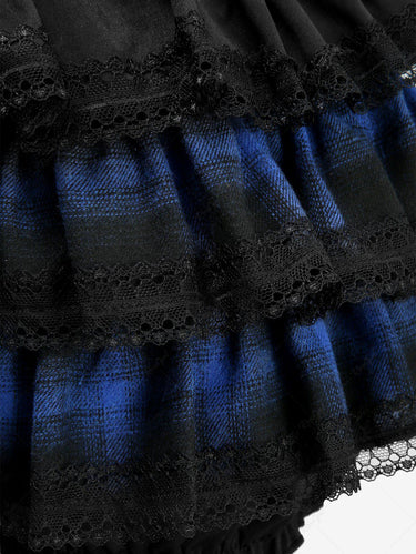 Gothic Plaid Printed Ruffles Lace Trim Layered Skirt