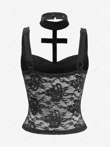 Gothic Floral Lace Cross Panel Choker Halter Tank Top