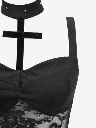 Gothic Floral Lace Cross Panel Choker Halter Tank Top