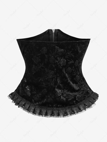 Gothic Flower Embossing Lace Trim Ruffles Lace-up Zipper Corset