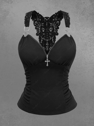 Gothic Cross Zipper Ruched Side Butterfly Applique Back Tank Top